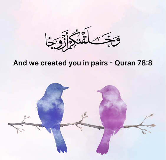Two birds on a branch — And we created you in pairs, Quran 78:8